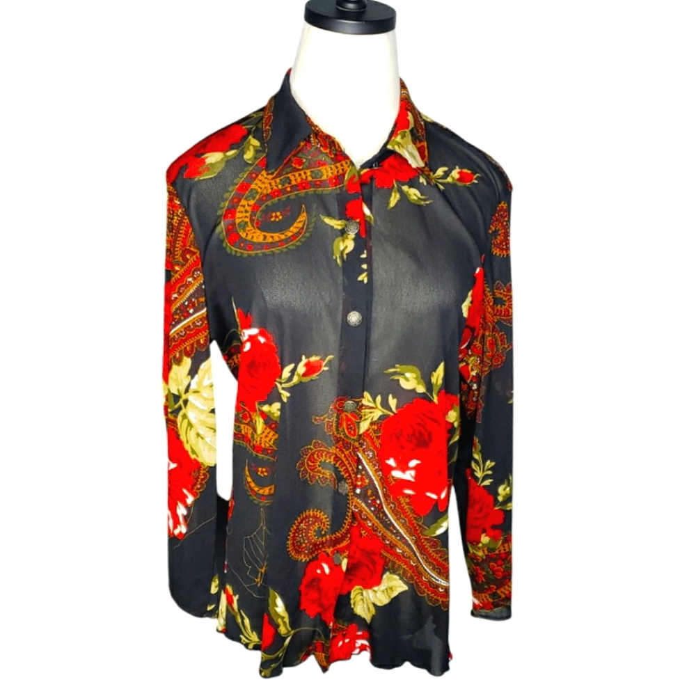 Vintage Whimsigoth Goth Grunge Sheer Dark Floral Paisley Mesh Buttondown